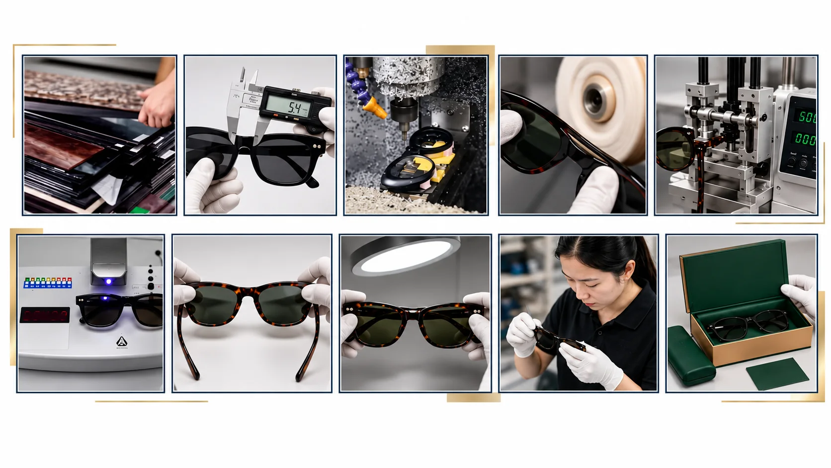 Collage showing eyewear material, dimension, machining, polishing, function, appearance, final review, and packing activities