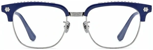 Blue silver acetate browline eyeglass frames, half rim metal bottom, front view