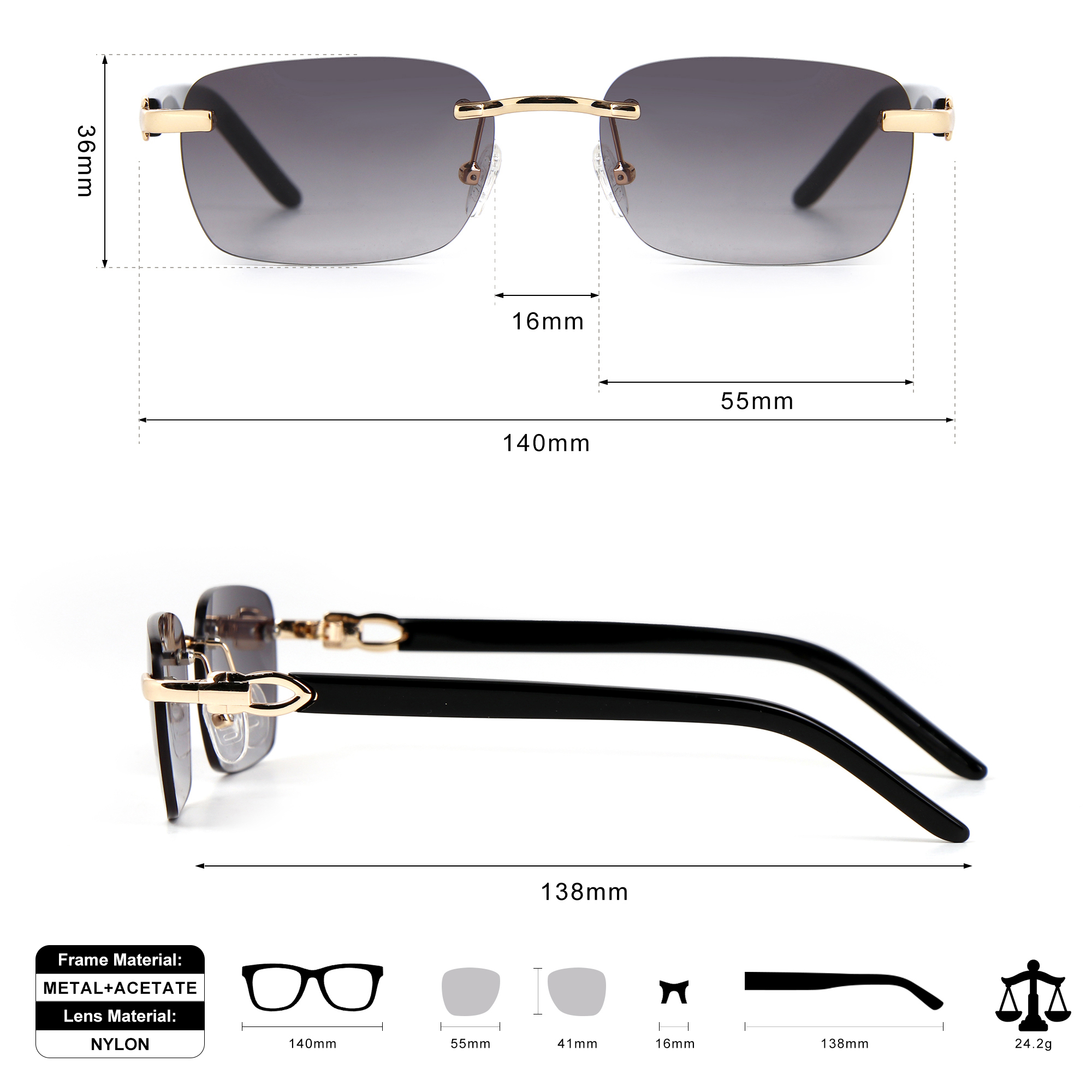 Reference eyewear frame shown with example measurements and material details