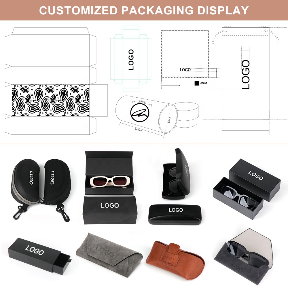 Examples of eyewear packaging and cases with placeholder logos